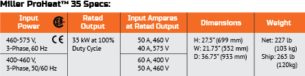 Specs of Miller ProHeat 35 induction heating machine.